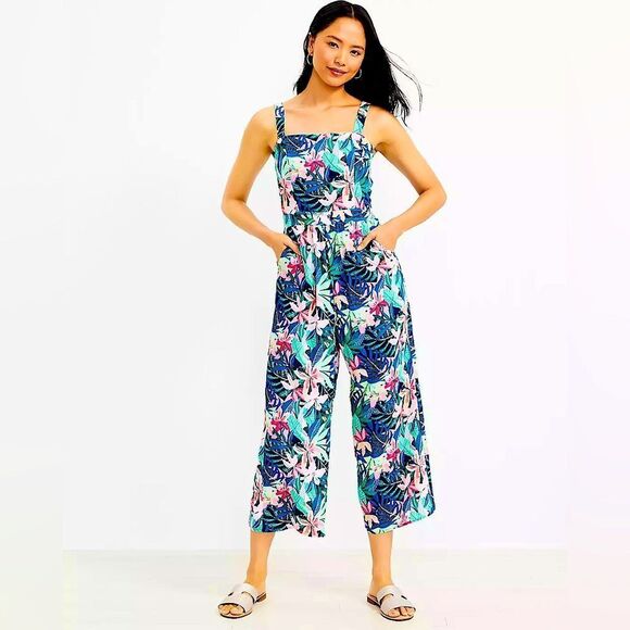 Loft Square Neck Tropical Floral Tank Cropped Wide Leg Jumpsuit Boho Cottagrcore - Picture 2 of 9